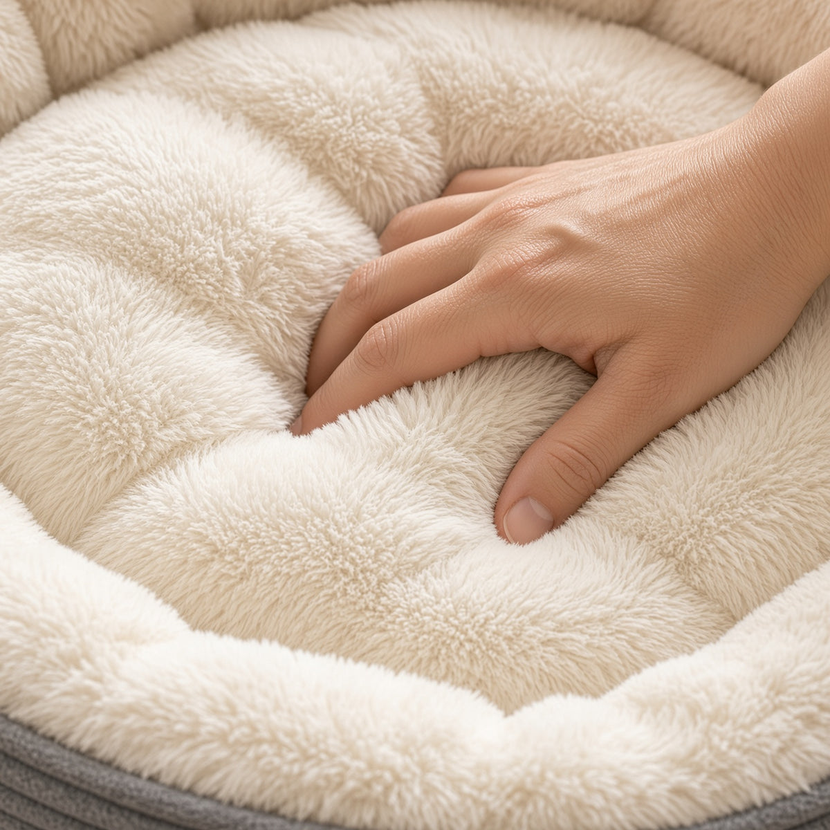 Gros plan d'une main pressant la peluche épaisse du panier pour montrer son moelleux