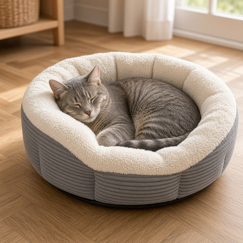 Chat gris endormi dans le panier chauffant en peluche, posé sur un parquet