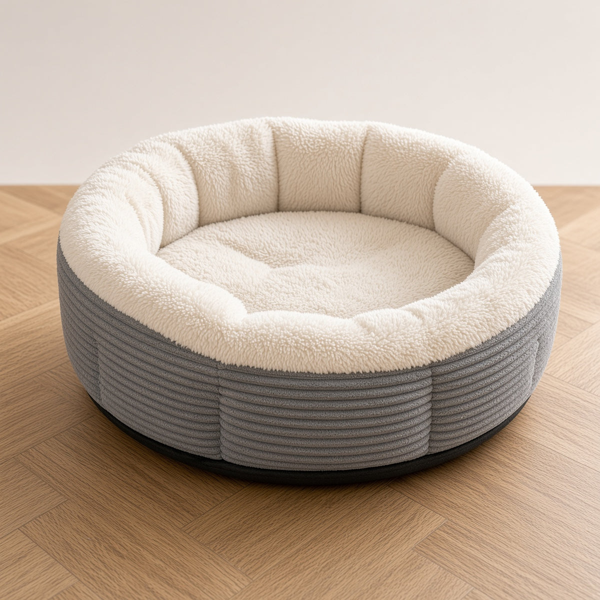 Panier chauffant rond en peluche crème et tissu gris côtelé, vu de trois quarts