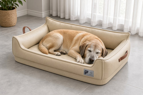 Chien âgé endormi dans le couchage orthopédique beige à bords relevés, dans un salon
